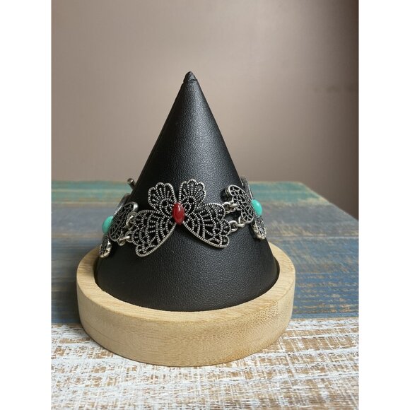 Butterfly Design Silver Bracelet With Turquoise & Red Accents - Picture 3 of 4